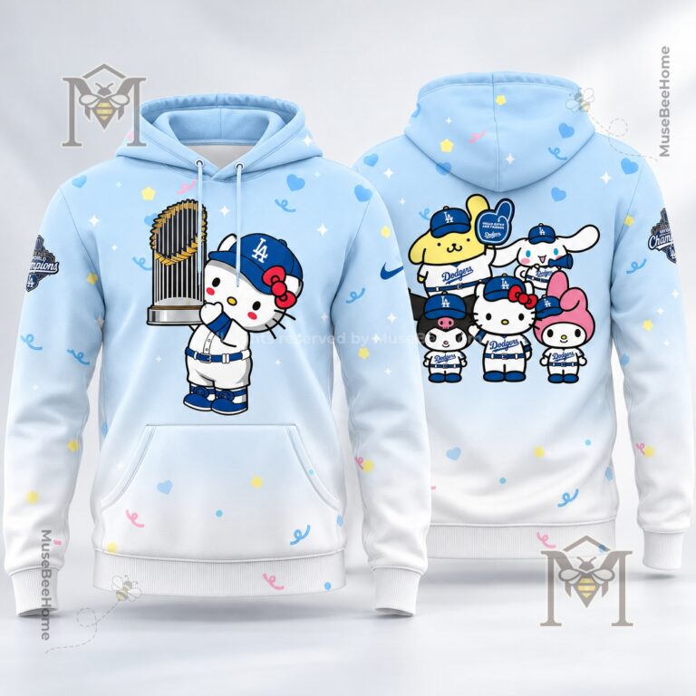 Los Angeles Dodgers Hello Kitty and Friends Hoodie - flat artwork showing five Dodgers characters