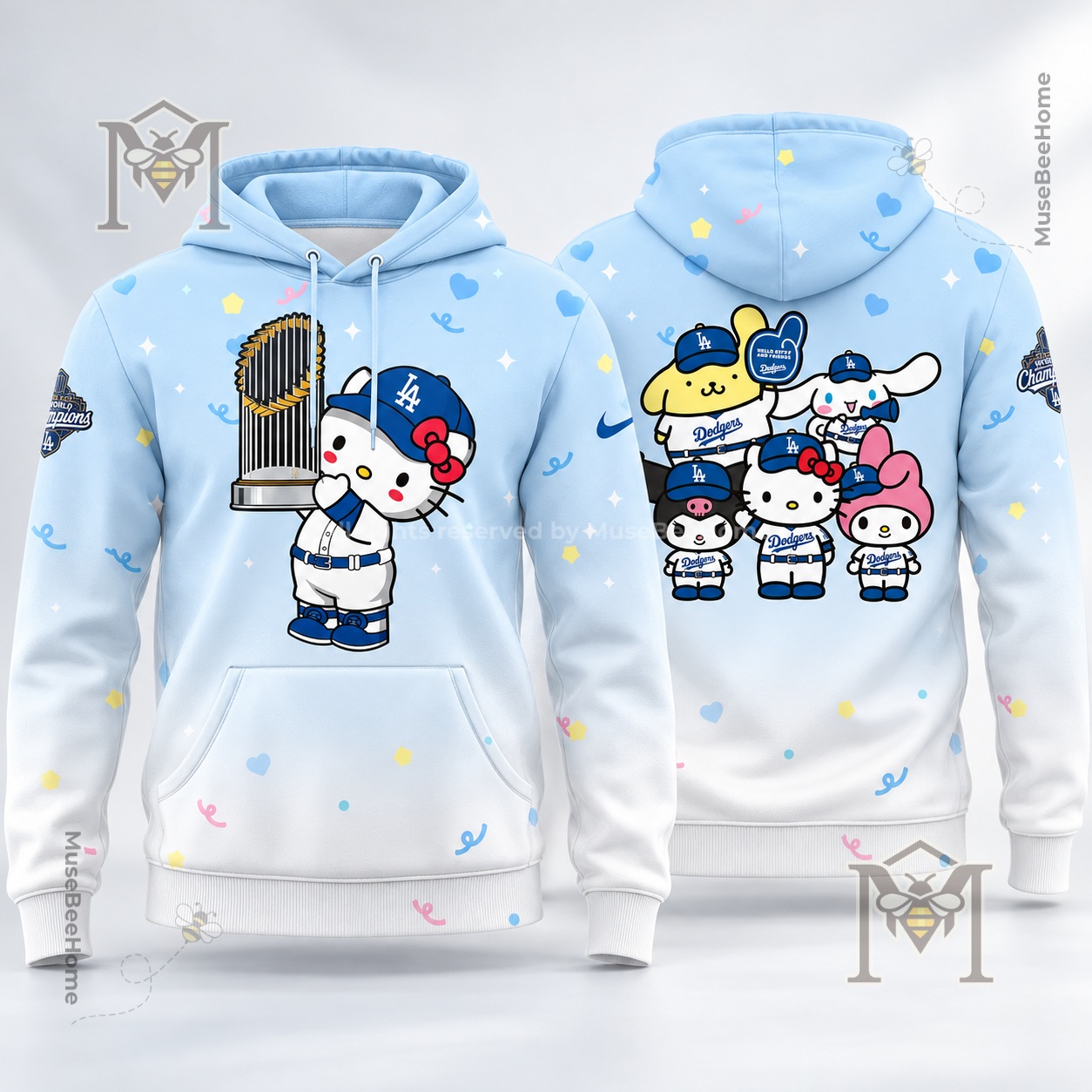 Los Angeles Dodgers Hello Kitty and Friends Hoodie - flat artwork showing five Dodgers characters