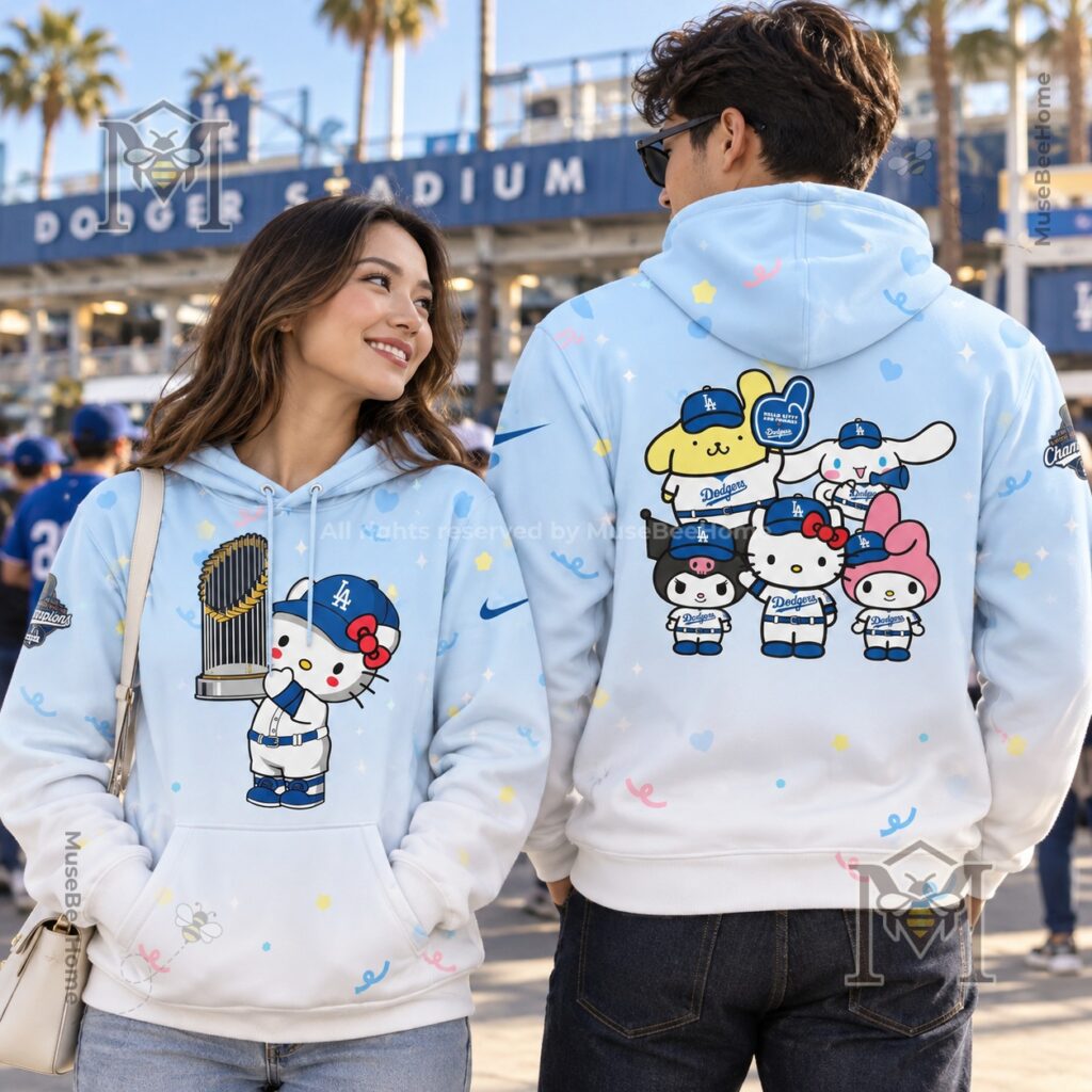 Los Angeles Dodgers Hello Kitty and Friends Hoodie - front view with Hello Kitty and trophy