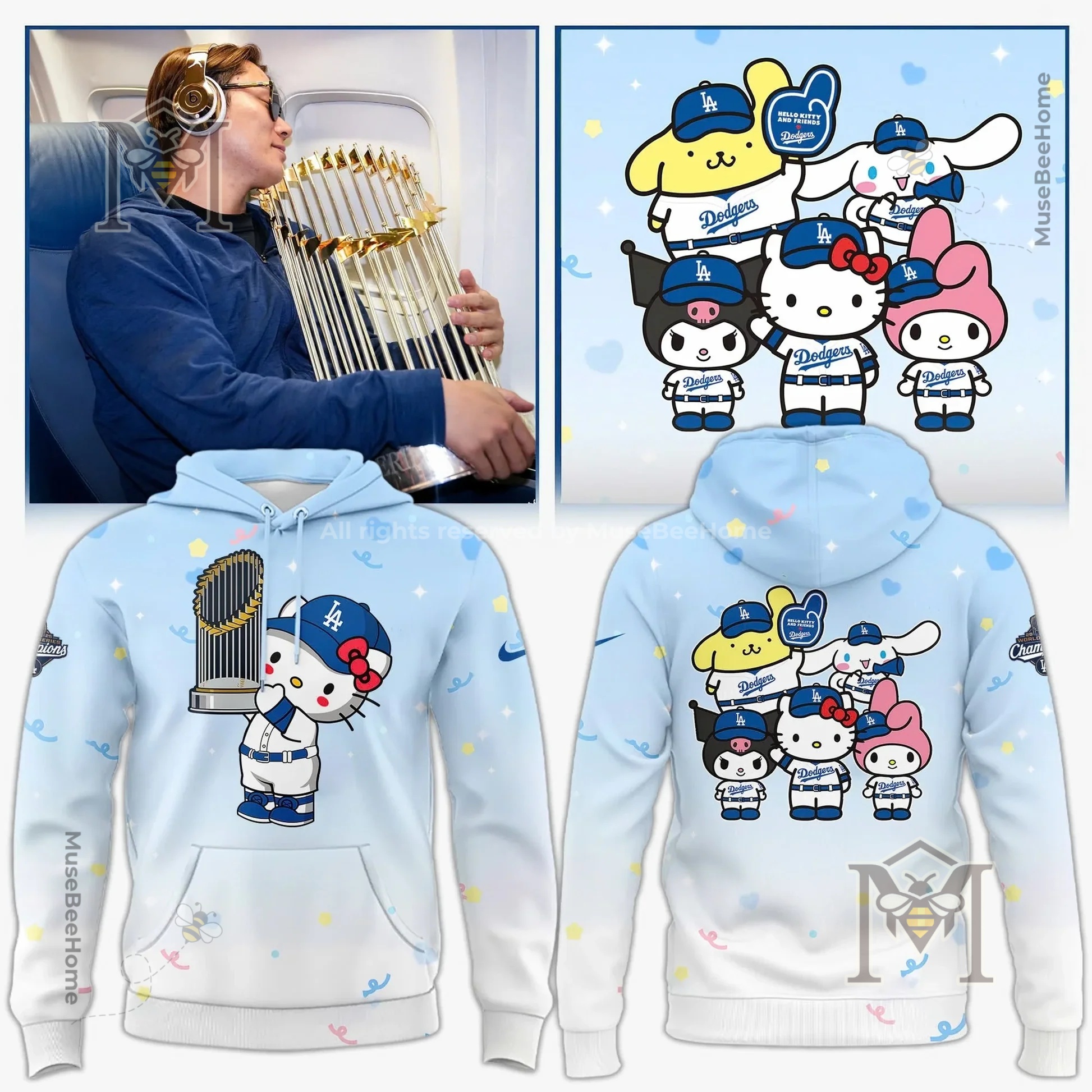 Los Angeles Dodgers Hello Kitty and Friends Hoodie - model wearing hoodie showing front trophy graphic