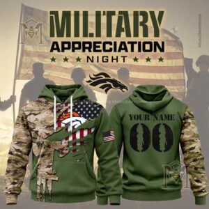 Denver Broncos Military Appreciation Night Personalized Hoodie - front and back views