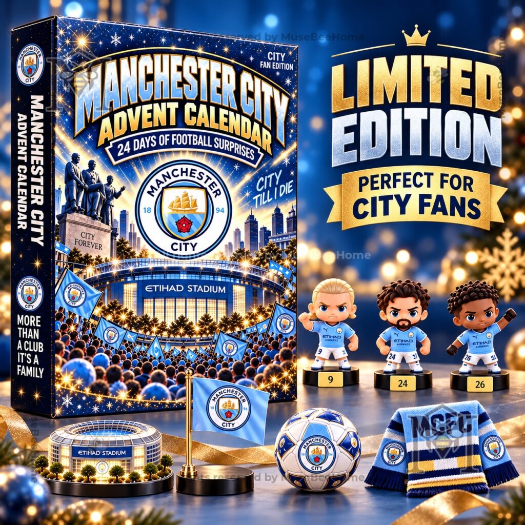 Manchester City Football Club Advent Calendar – Box with football figures, stadium Manchester City Football Club Advent Calendar - box with football figures, stadium model, flag, ball, and