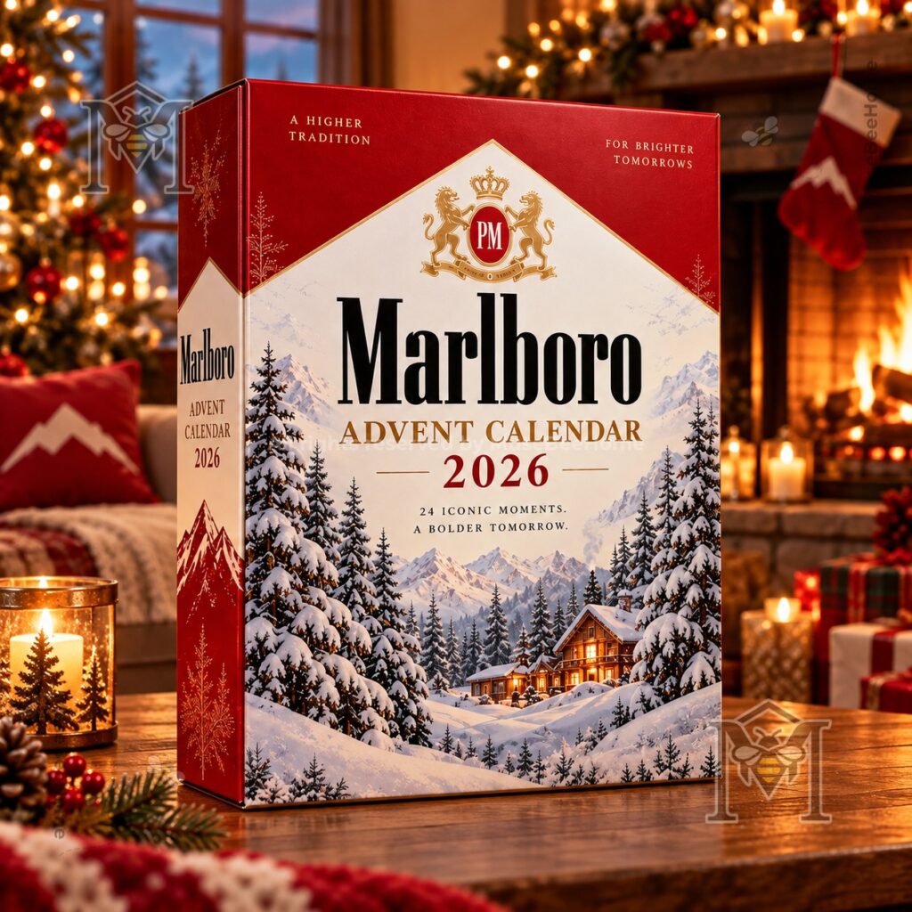 Marlboro 2026 Snowy Mountain Advent Calendar – Front three-quarter view Marlboro 2026 Snowy Mountain Advent Calendar - front three-quarter view