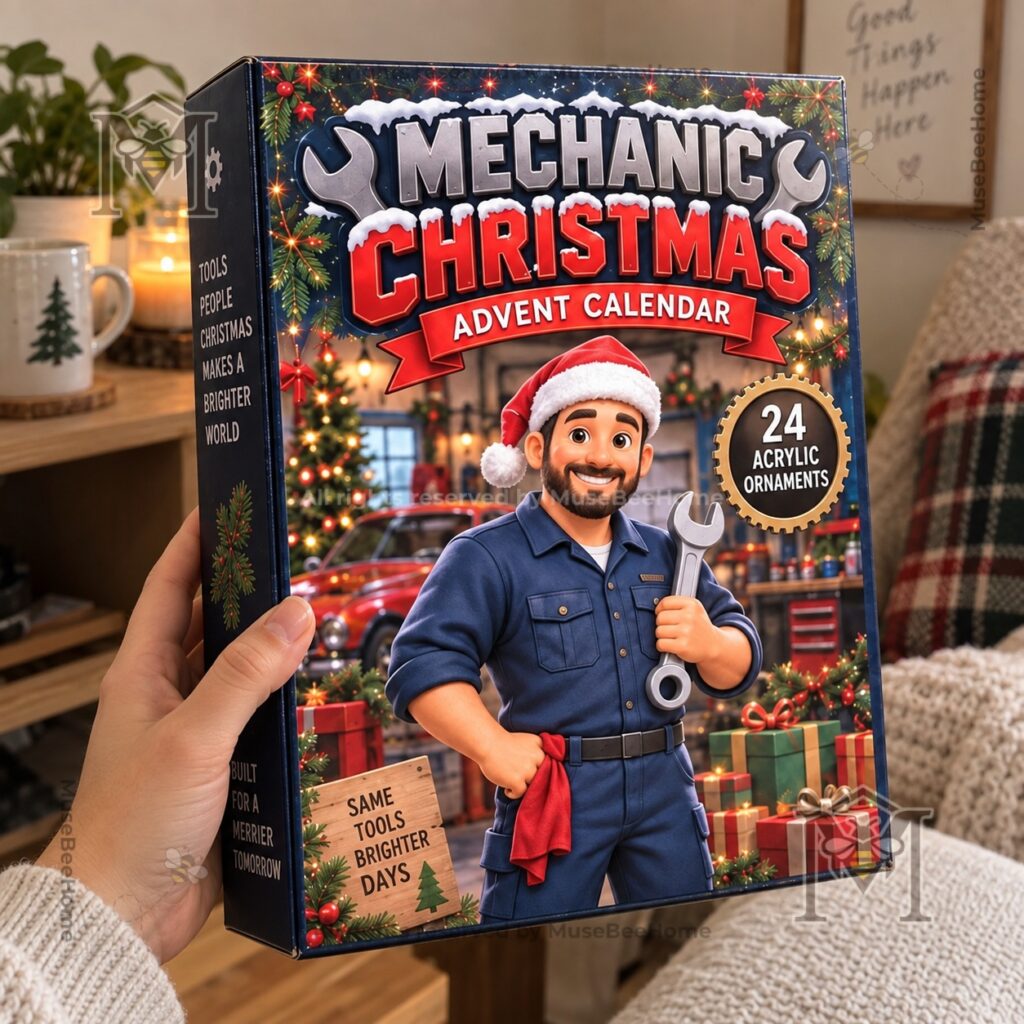 Mechanic Christmas Advent Calendar 2026 - close view of tools, gifts, boots, and wheel ornament