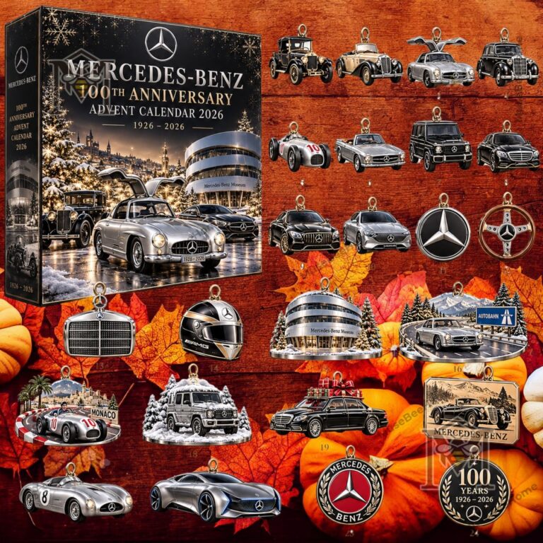 Mercedes-Benz 100th Anniversary 2026 Advent Calendar - front box and illustrated ornaments