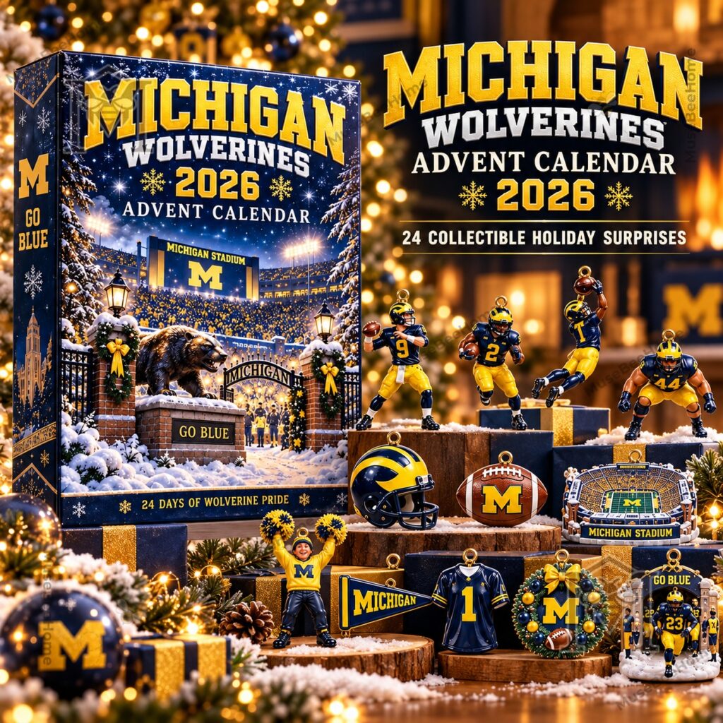 Michigan Wolverines 2026 Advent Calendar - front box and football-themed collectible decorations