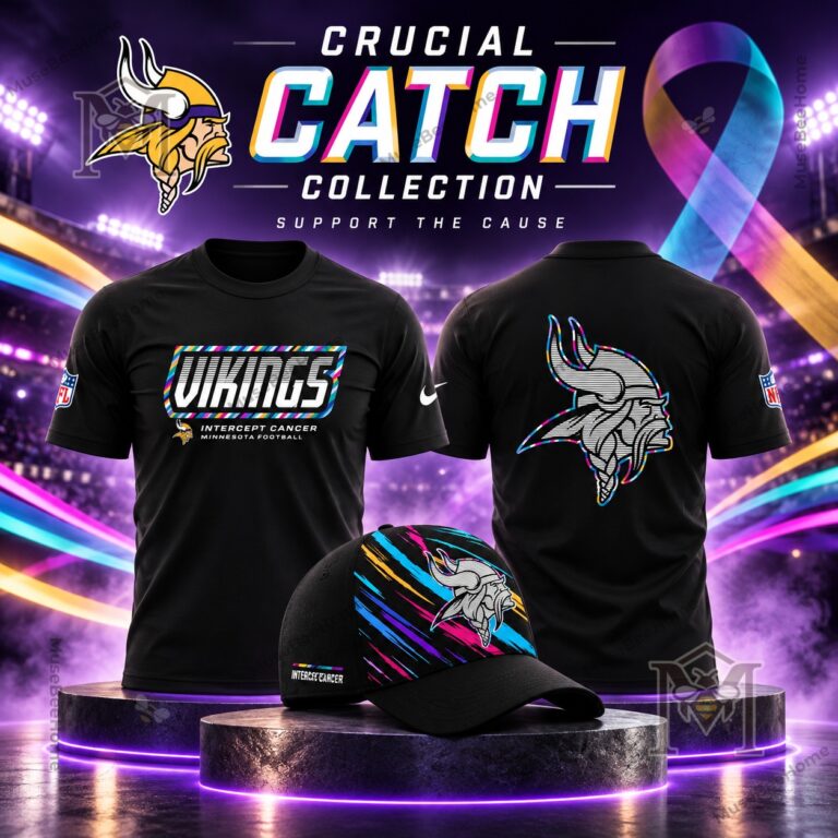 Minnesota Vikings Crucial Catch Intercept Cancer T-Shirt - front, back, and matching cap display