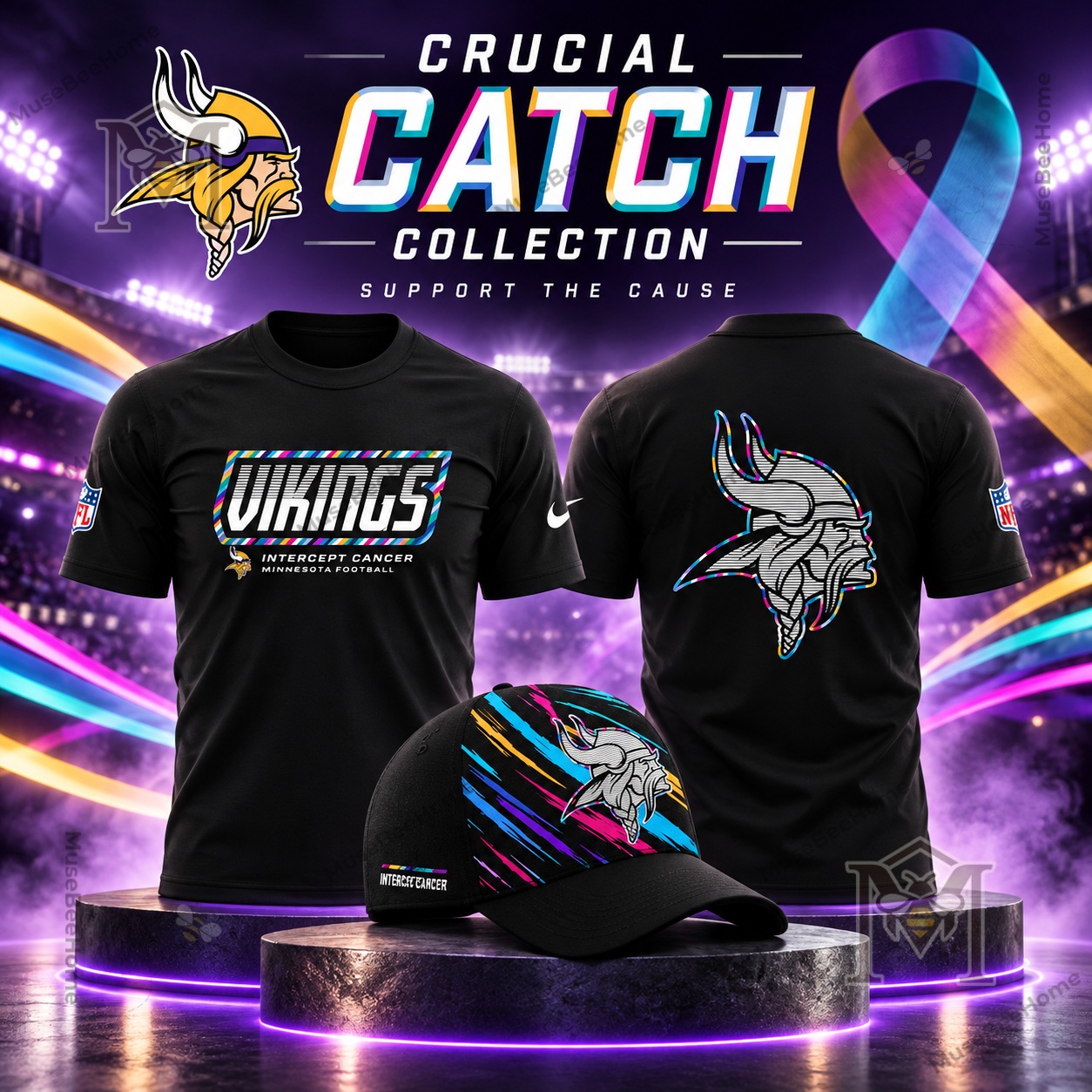 Minnesota Vikings Crucial Catch Intercept Cancer T-Shirt - front, back, and matching cap display