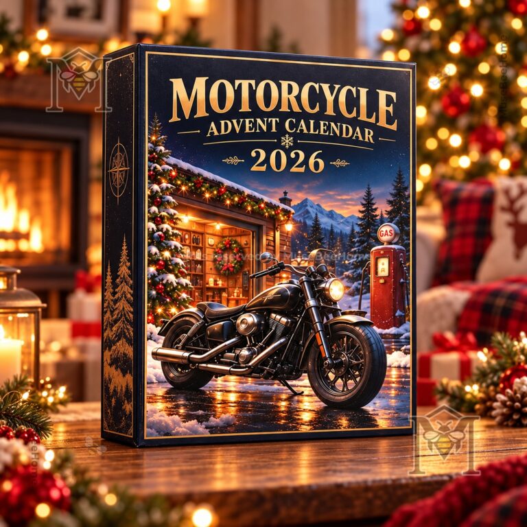 Motorcycle Legends 2026 Christmas Advent Calendar - front view showing motorcycle and snowy cabin artwork