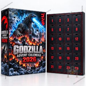Godzilla Advent Calendar 2026 - close view of kaiju ornaments, vehicles, and city scenes