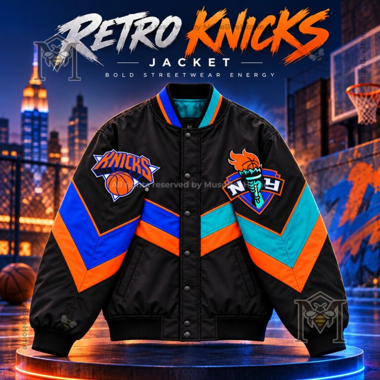 New York Knicks Retro Colorblock Matte Bomber Jacket - front view with team logos