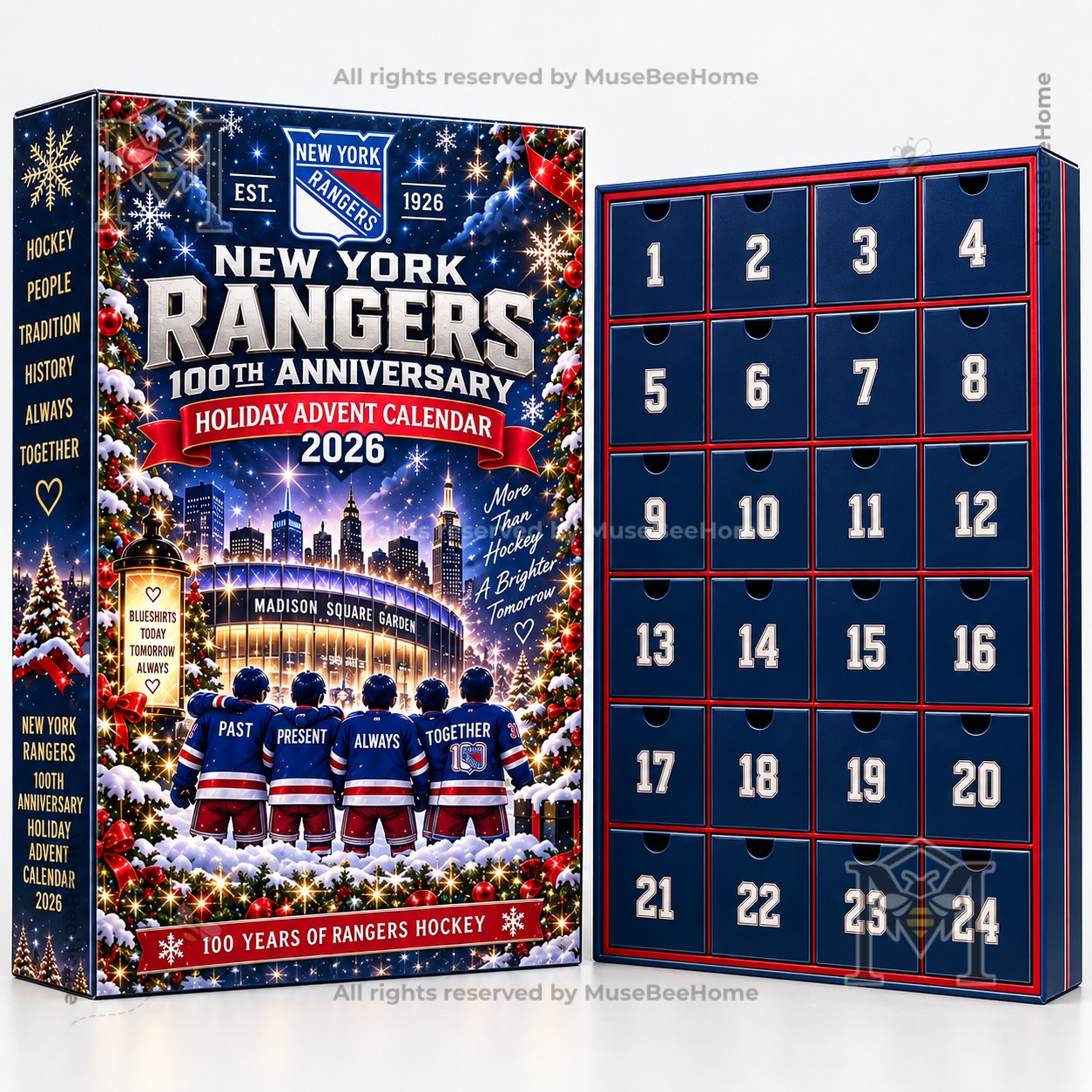 Front design featuring Madison Square Garden skyline and illustrated hockey players
