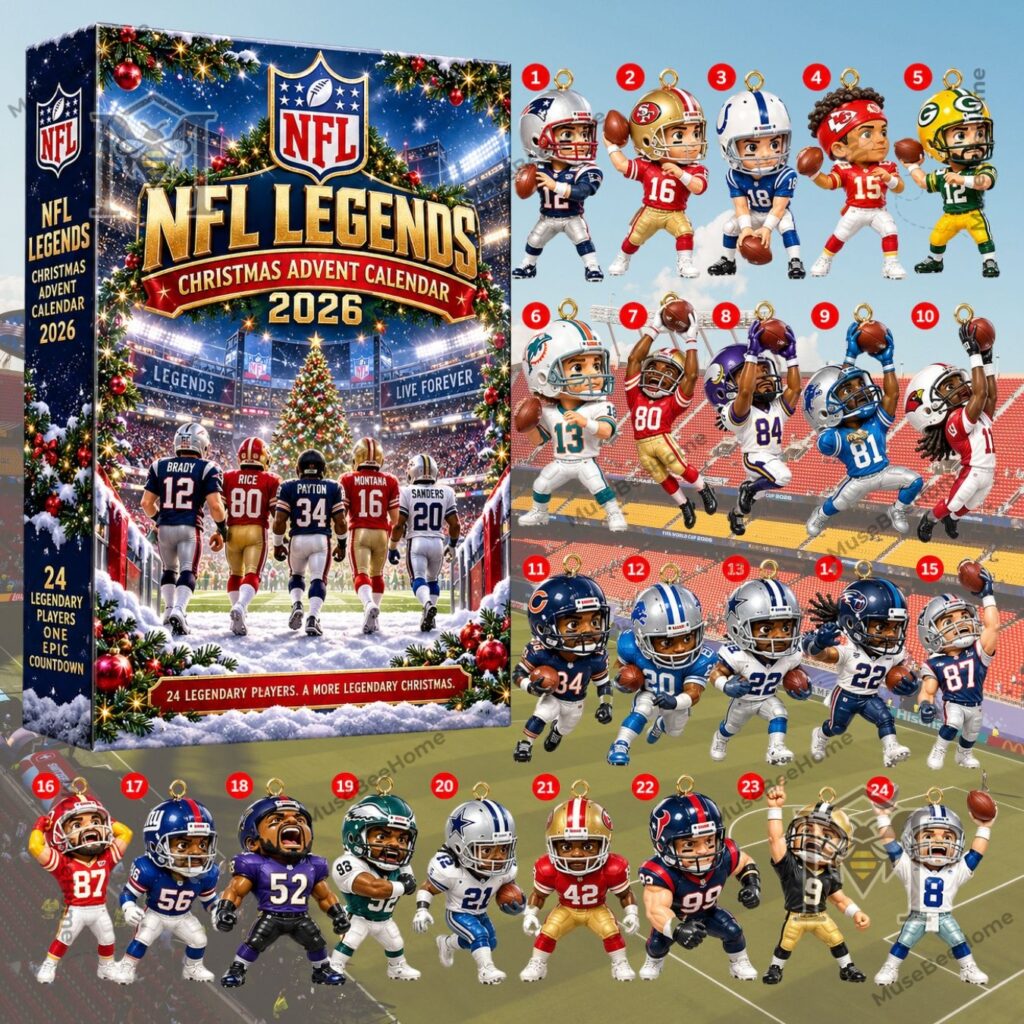 NFL Legends 2026 Advent Calendar - front box and numbered player ornaments
