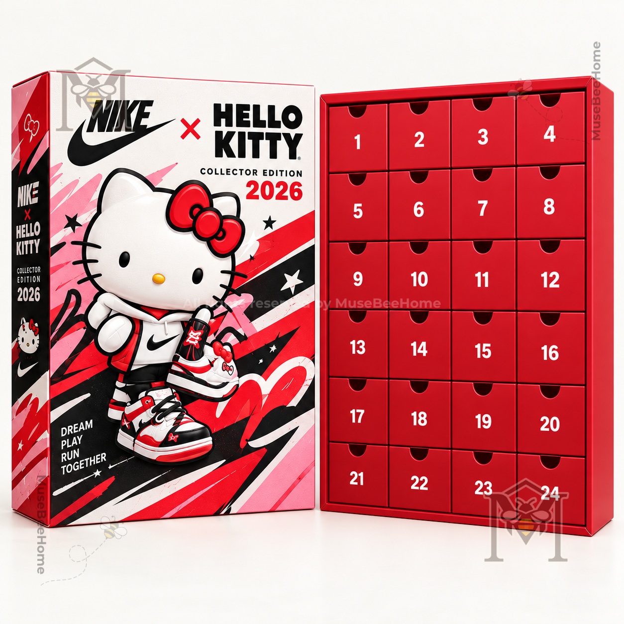 Nike × Hello Kitty 2026 Advent Calendar - angled view showing side panel and front box
