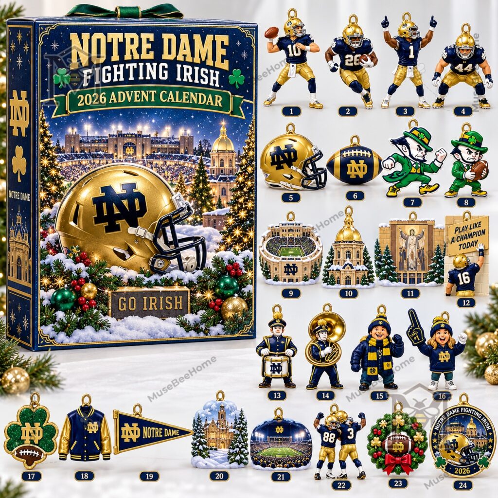 Notre Dame Fighting Irish 2026 Advent Calendar - side panel with shamrock and campus graphics
