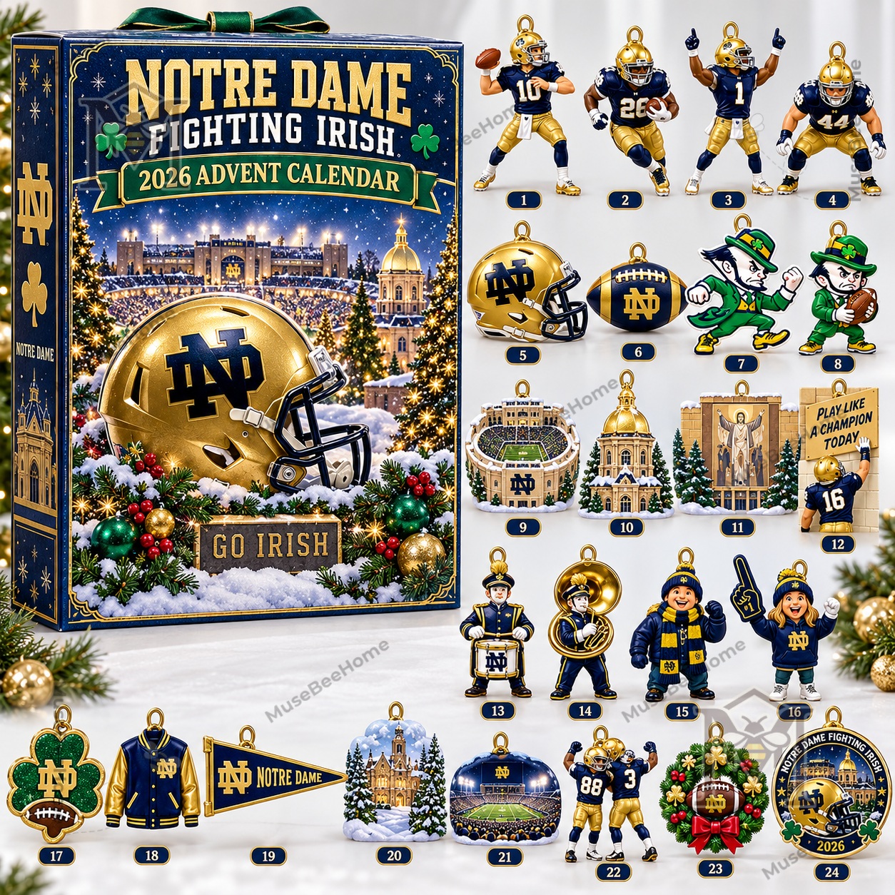 Notre Dame Fighting Irish 2026 Advent Calendar - side panel with shamrock and campus graphics