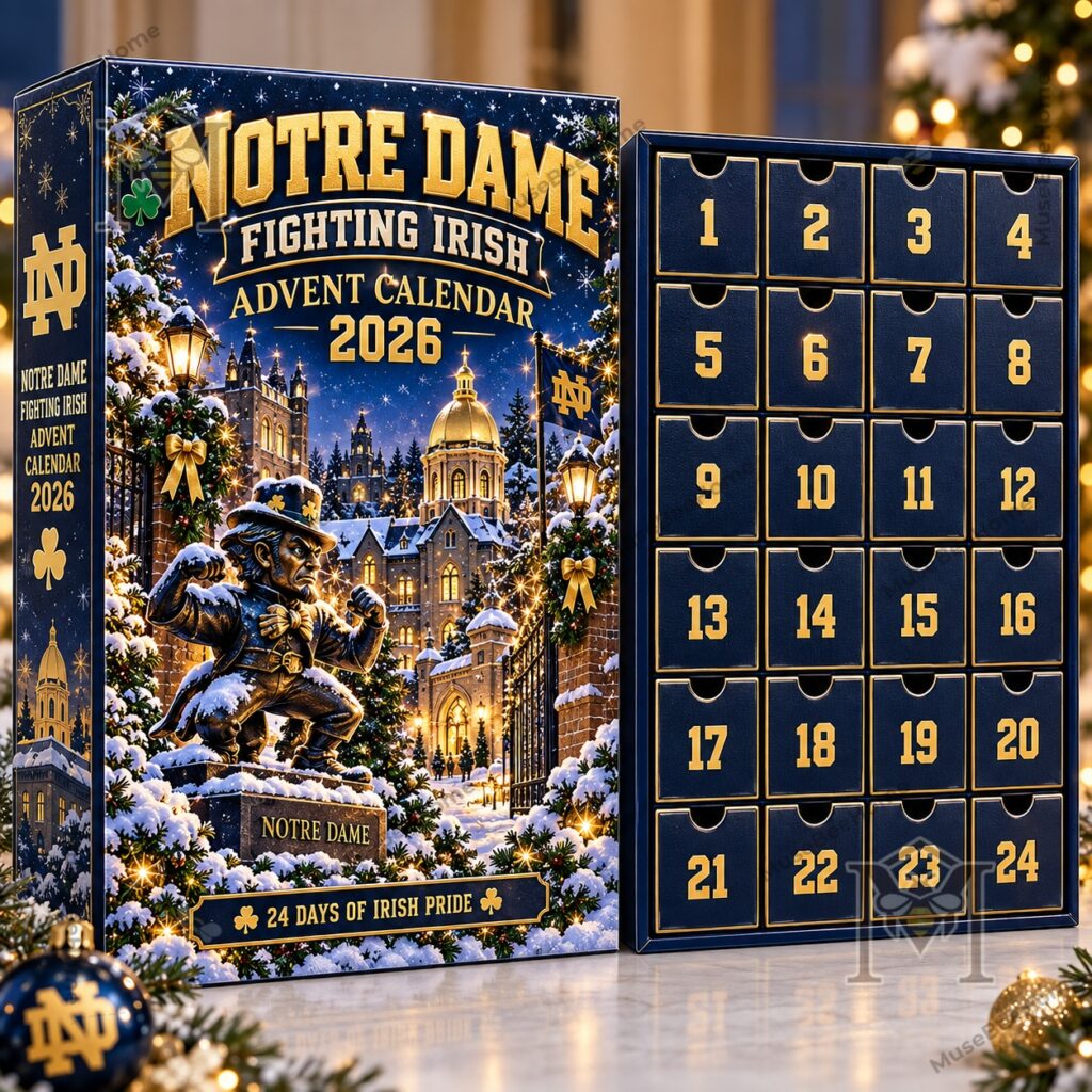 Notre Dame Fighting Irish 2026 Advent Calendar - calendar box beside team-themed ornaments