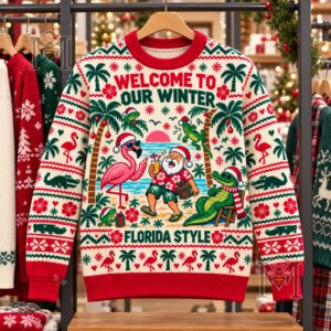 Flamingo Tropical Christmas Florida Grand Theft Auto VI Ugly Sweater - full patterned front