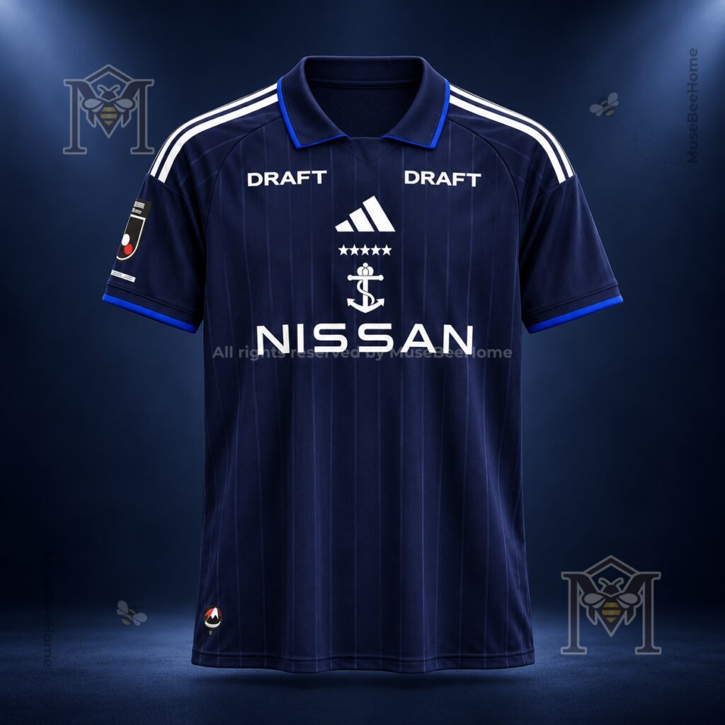 Adidas Yokohama F. Marinos Timeless Jersey – Front view with sponsor and Adidas Yokohama F. Marinos Timeless Jersey - front view with sponsor and crest details