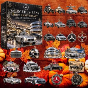 Mercedes-Benz 100th Anniversary 2026 Advent Calendar - front box and illustrated ornaments