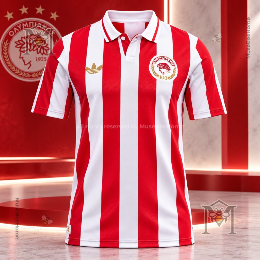 Olympiacos Football Club 100th Anniversary Football Jersey - front view with striped design