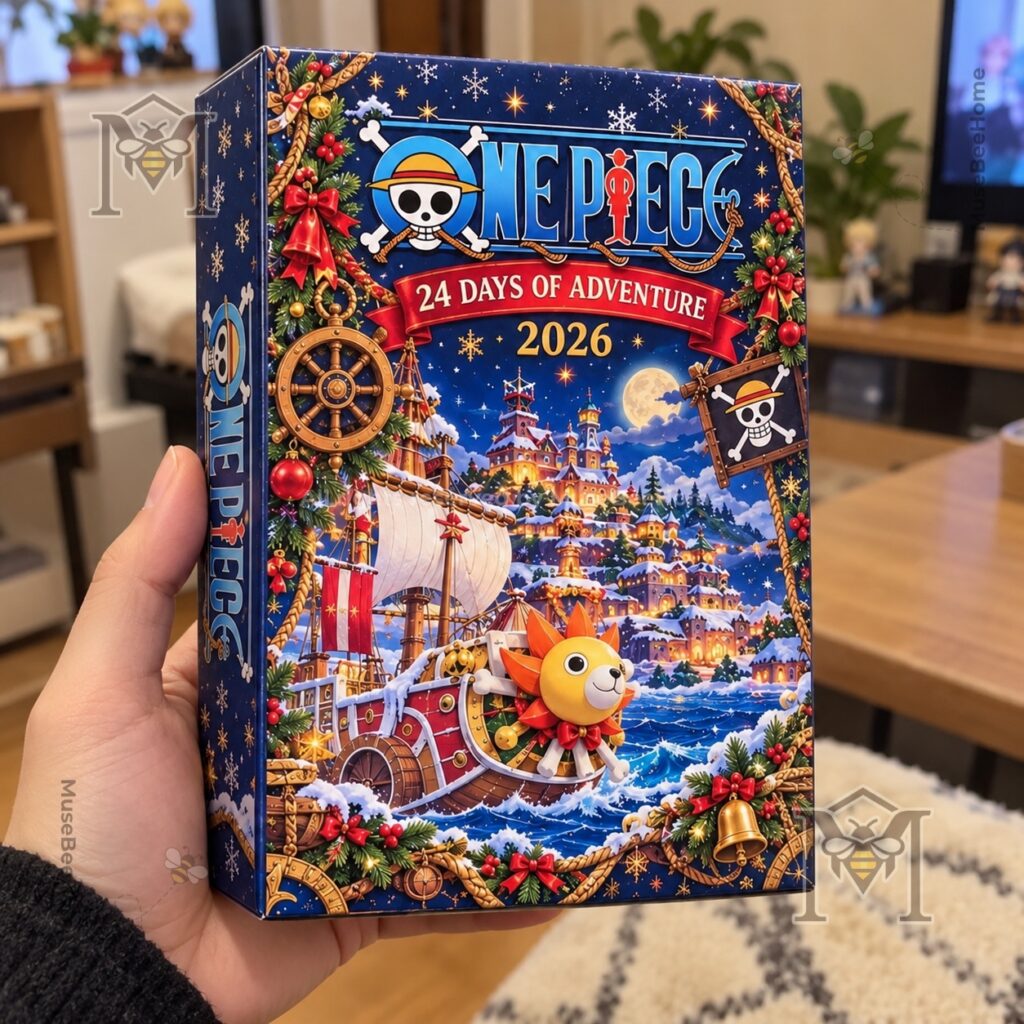 One Piece calendar artwork featuring snowy pirate ship and seaside town