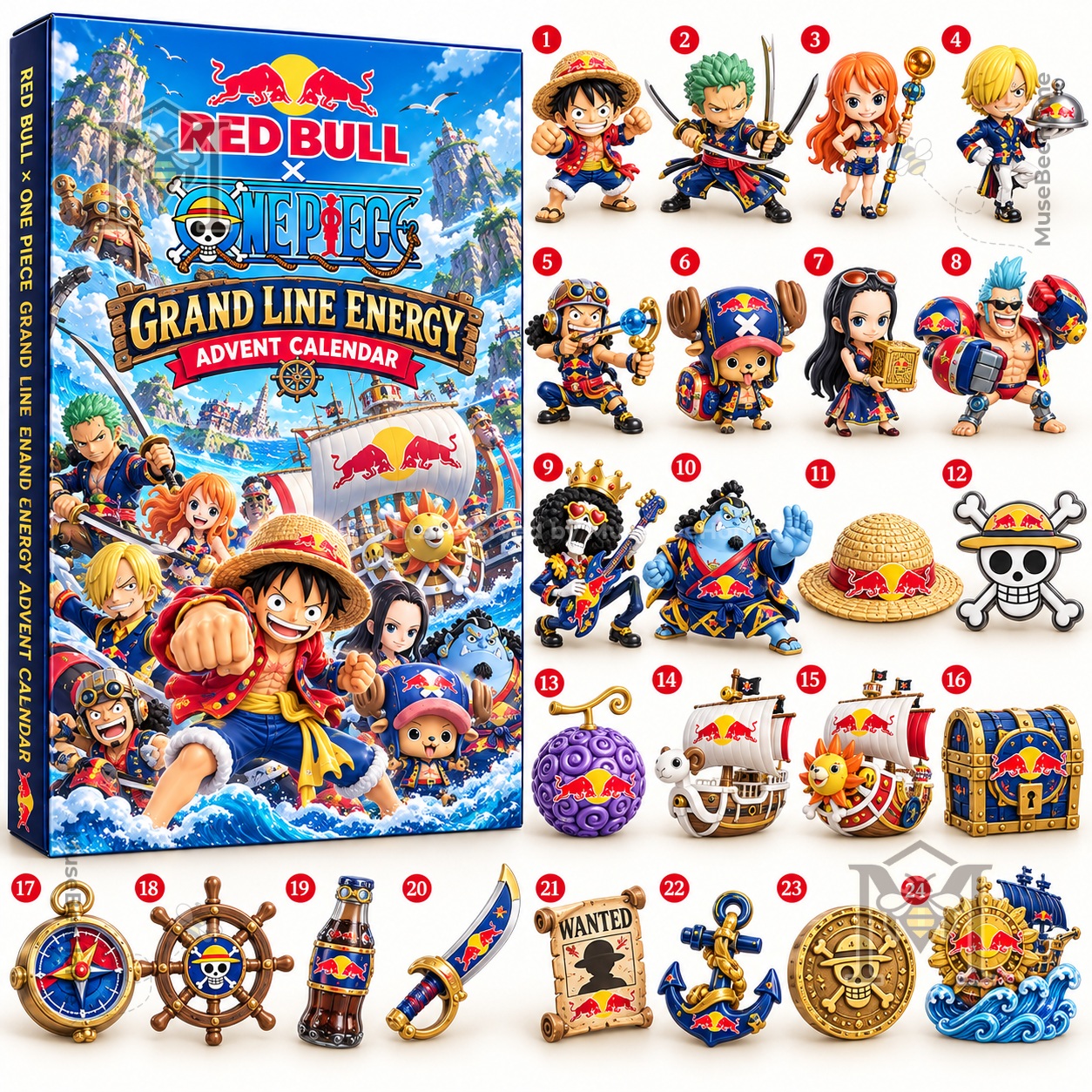 One Piece x Red Bull Advent Calendar 2026 - angled box showing side panel