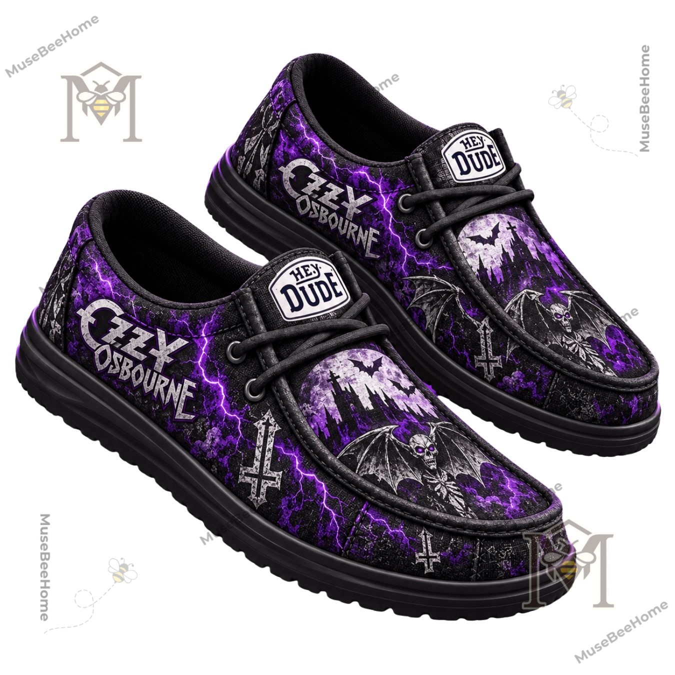 Ozzy Osbourne Legend Lives On Gothic Cross Loafer Shoes - side branding and lightning pattern