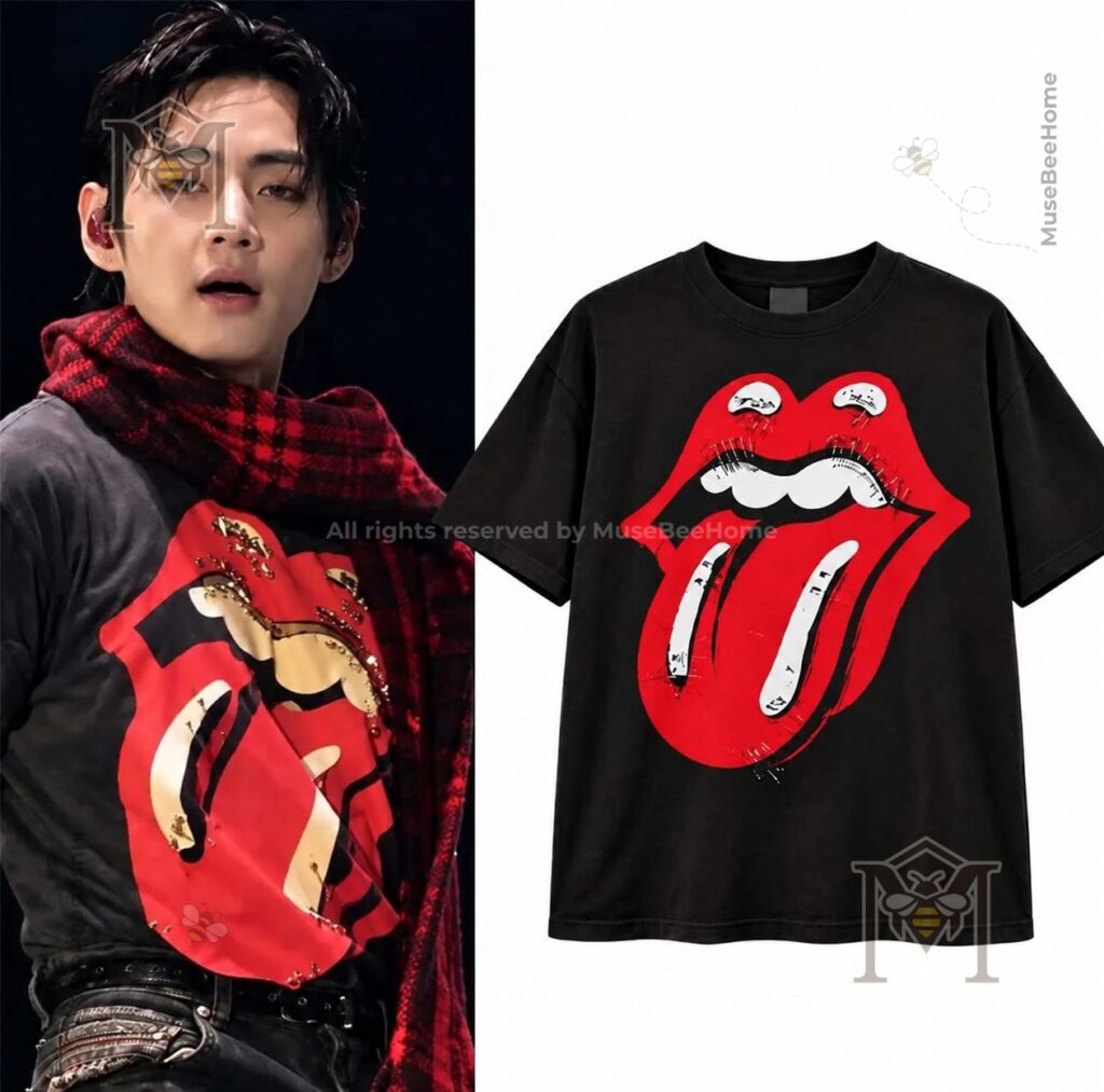 BTS V World Tour ARIRANG LIMA Rolling Stones Voodoo Lounge T-Shirt – Front view beside modeled shirt BTS V World Tour ARIRANG LIMA Rolling Stones Voodoo Lounge T-Shirt - front view beside modeled shirt