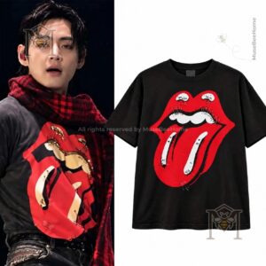 BTS V World Tour ARIRANG LIMA Rolling Stones Voodoo Lounge T-Shirt - front view beside modeled shirt