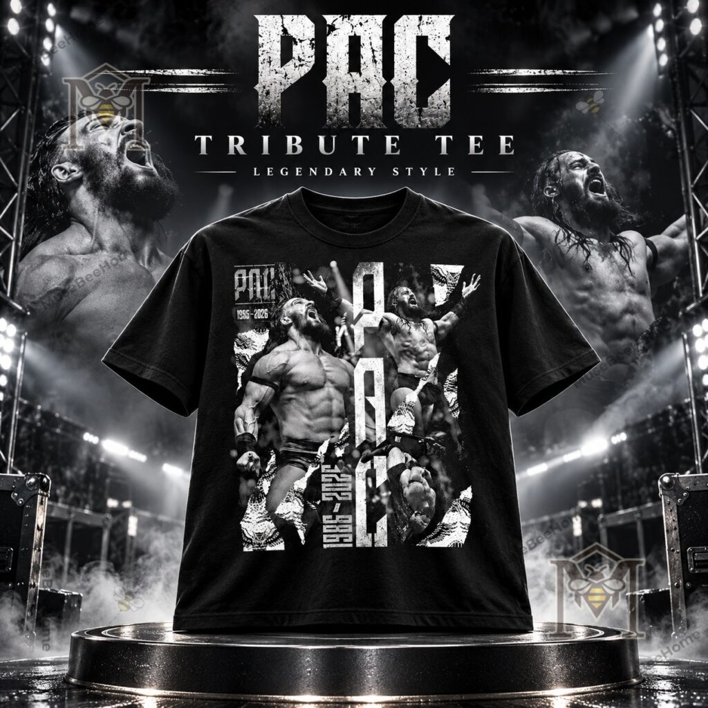 PAC Benjamin Satterley 2026 Tribute T-Shirt – Front view with distressed wrestler PAC Benjamin Satterley 2026 Tribute T-Shirt - front view with distressed wrestler collage