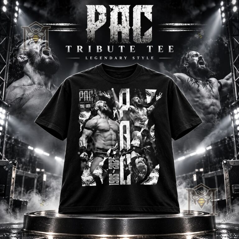 PAC Benjamin Satterley 2026 Tribute T-Shirt - front view with distressed wrestler collage