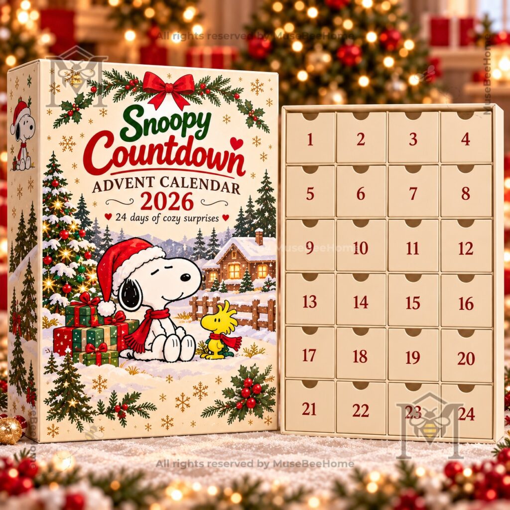 Peanuts Snoopy Advent Calendar Christmas 2026 - front design showing snowy cabin scene
