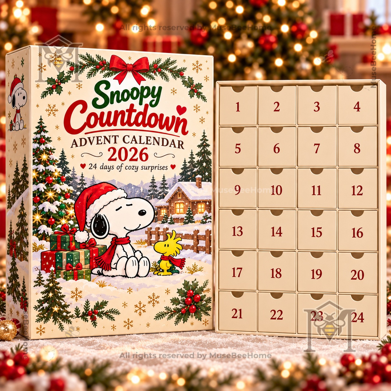 Peanuts Snoopy Advent Calendar Christmas 2026 - front design showing snowy cabin scene