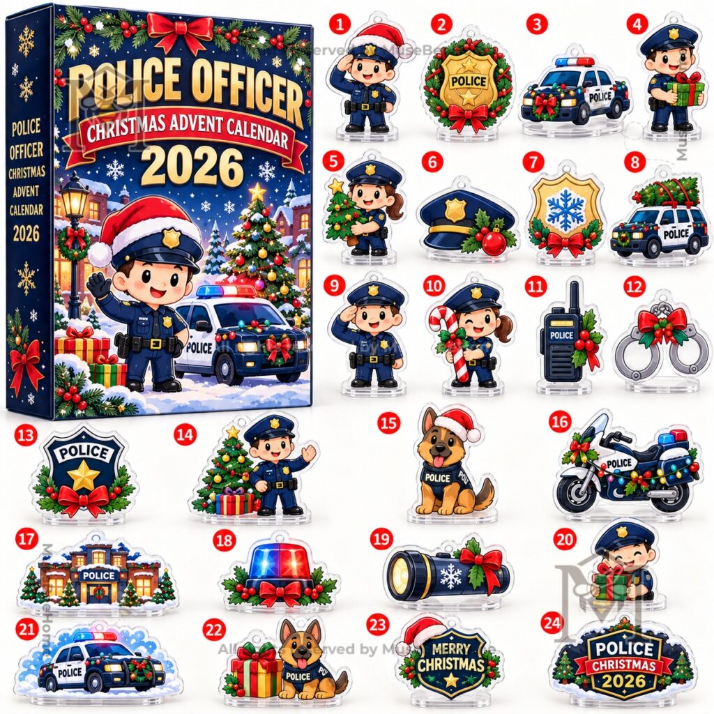 Police Officer Christmas Advent Calendar 2026 - boxed calendar showing cartoon officer and police car