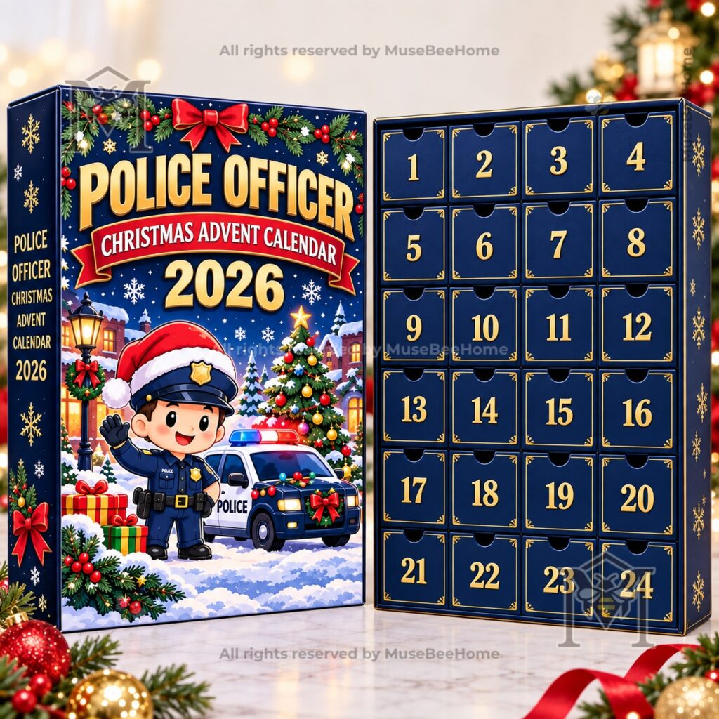 Police Officer Christmas Advent Calendar 2026 - close view of police-themed acrylic ornament designs