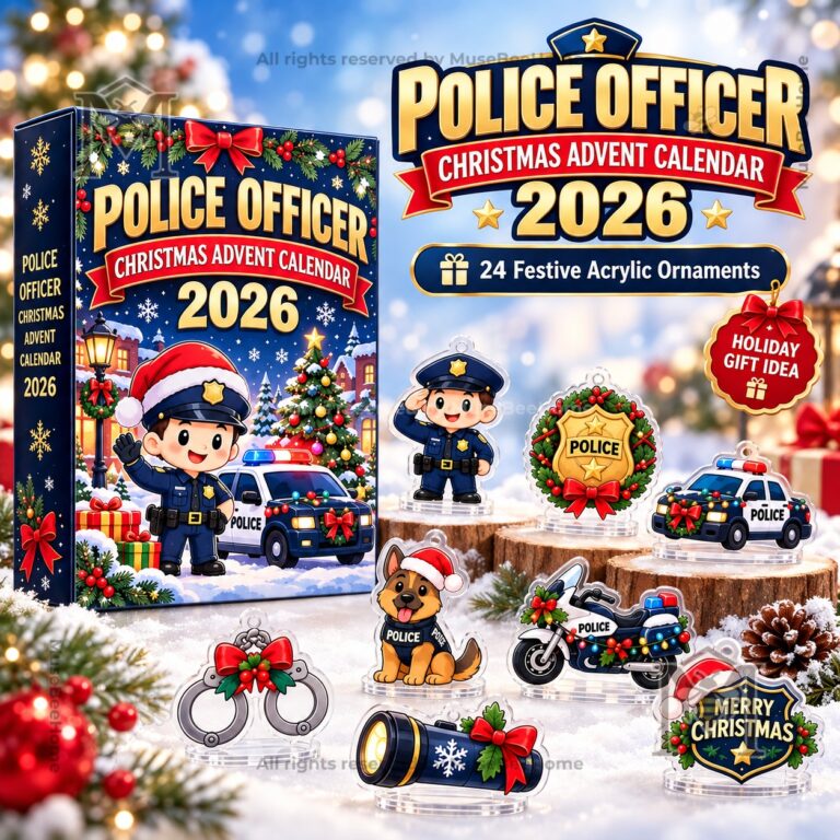 Police Officer Christmas Advent Calendar 2026 - front box and assorted acrylic ornaments