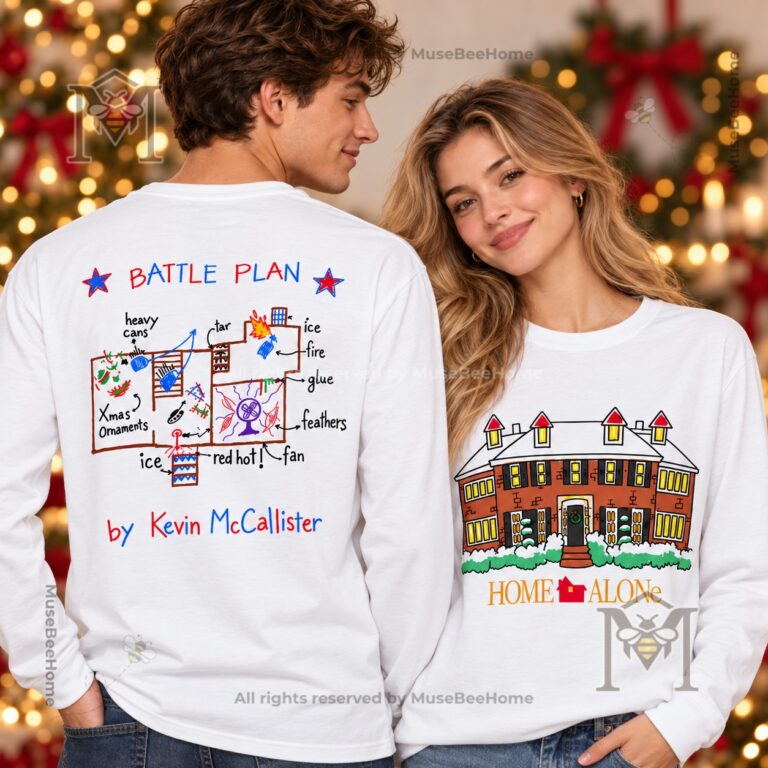 Primark Home Alone Kevin McCallister Battle Plan Christmas T-shirt - front and back views modeled together