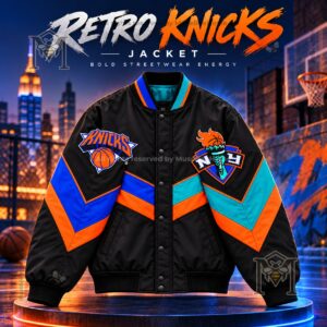 New York Knicks Retro Colorblock Matte Bomber Jacket - front view with team logos