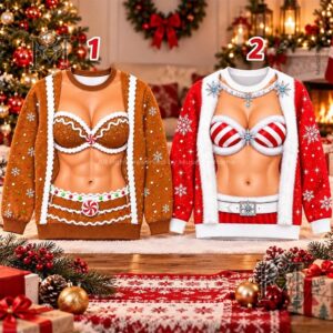 Gingerbread and Candy Cane Bikini Chest Ugly Christmas Sweatshirt - two front design options