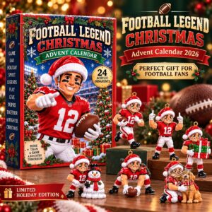 Football Legend Christmas 2026 Advent Calendar - front box and acrylic ornament display