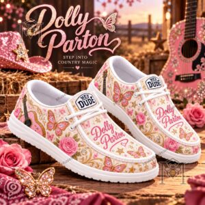Dolly Parton Step Into Country Magic Floral Butterfly Shoes - paired shoes front and side view