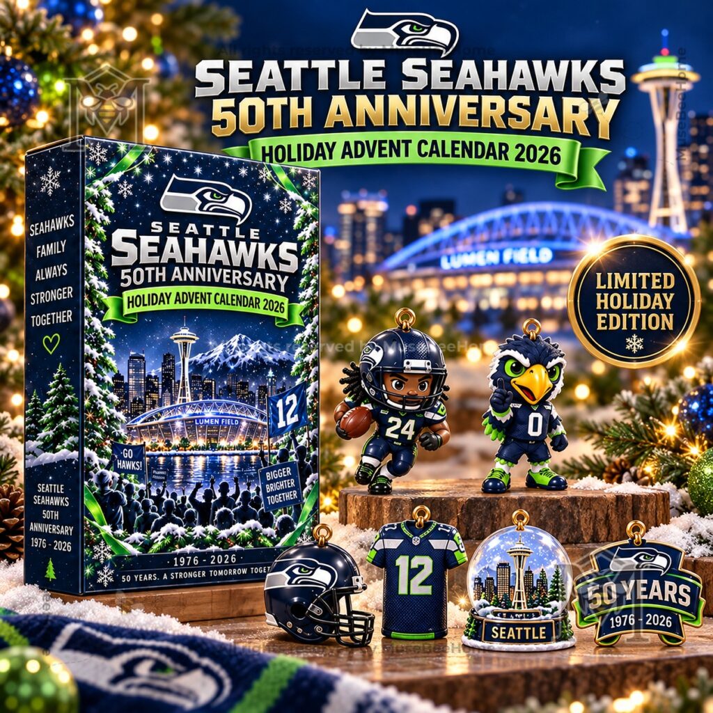 Seattle Seahawks 50th Anniversary Holiday Advent Calendar 2026 - front package and themed collectibles