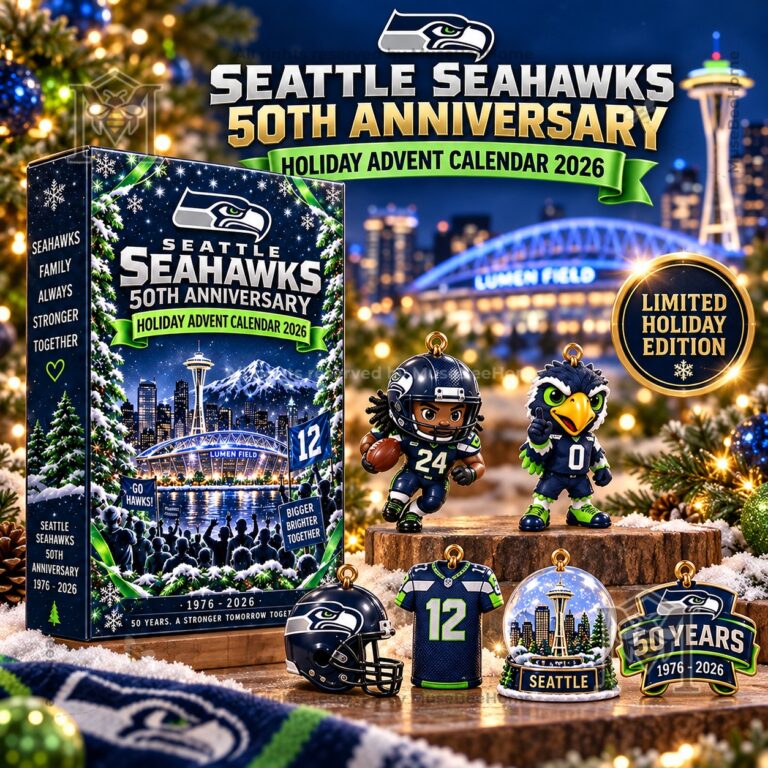 Seattle Seahawks 50th Anniversary Holiday Advent Calendar 2026 - front package and themed collectibles