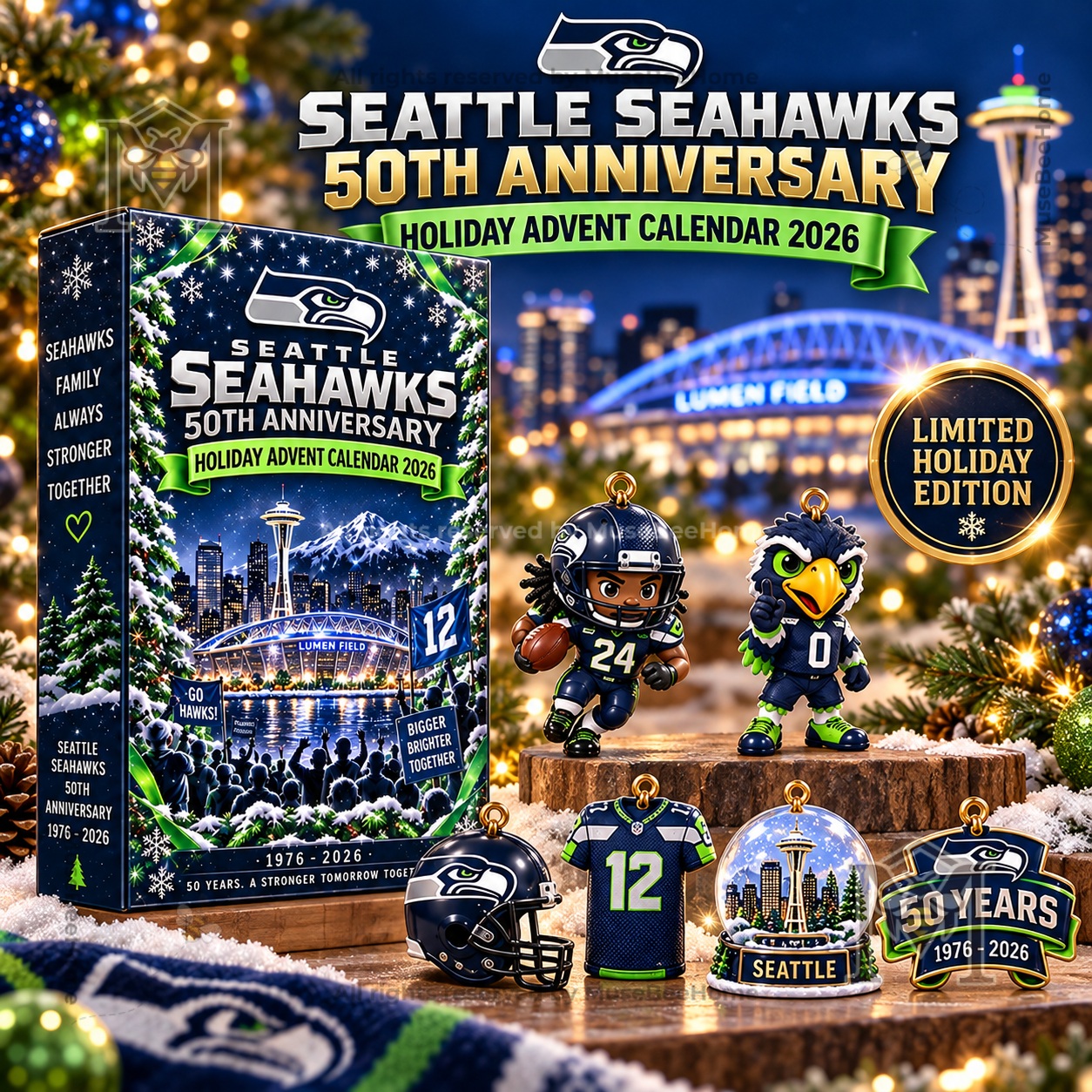 Seattle Seahawks 50th Anniversary Holiday Advent Calendar 2026 - front package and themed collectibles