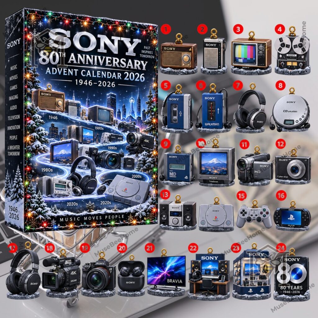 Sony 80th Anniversary Advent Calendar 2026 - front box and numbered miniature ornaments