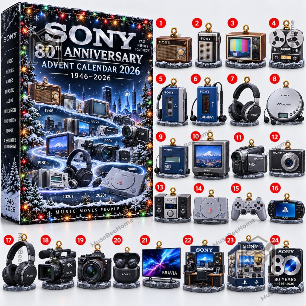 Sony 80th Anniversary Advent Calendar 2026 - close view of vintage Sony electronics ornaments