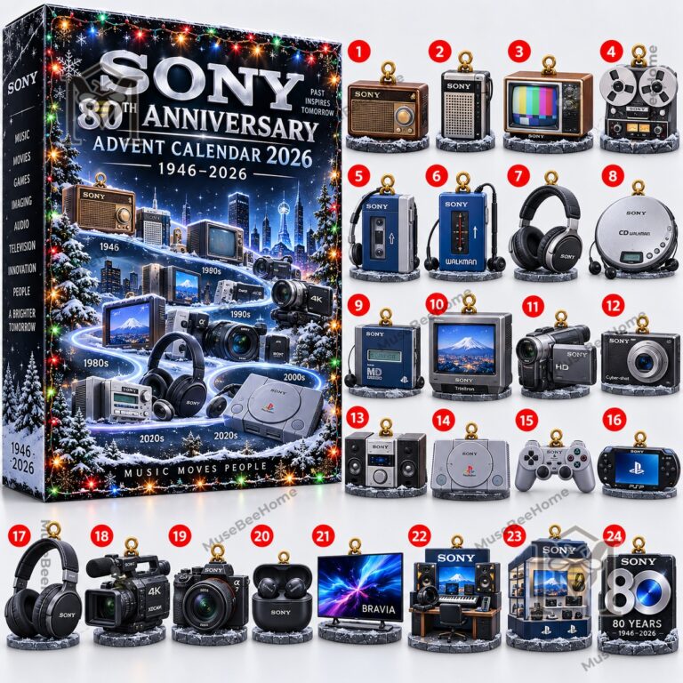 Sony 80th Anniversary Advent Calendar 2026 - close view of vintage Sony electronics ornaments