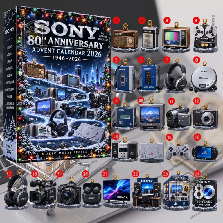Sony 80th Anniversary Advent Calendar 2026 - front box and numbered miniature ornaments