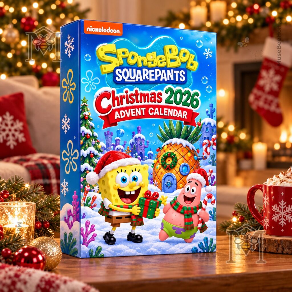 SpongeBob SquarePants Christmas 2026 Advent Calendar - front three-quarter view of decorated box